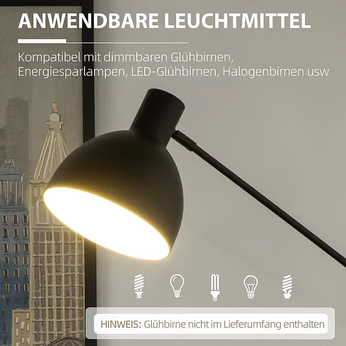 Homcom Stehleuchte - 40 W, Schwarz, Schwarz, E27 - Schwarze Schreibtischlampe mit warmem Licht, passend für verschiedene Leuchtmittel, im Raum gezeigt.