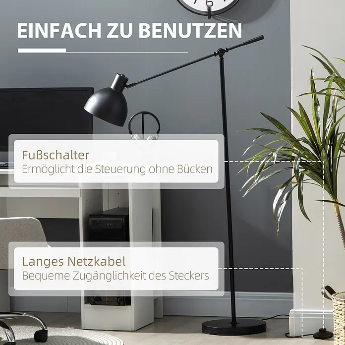 Homcom Stehleuchte - 40 W, Schwarz, Schwarz, E27 - Schwarze Stehleuchte mit Fußschalter und langem Kabel für einfache Platzierung in einem modernen Raum.