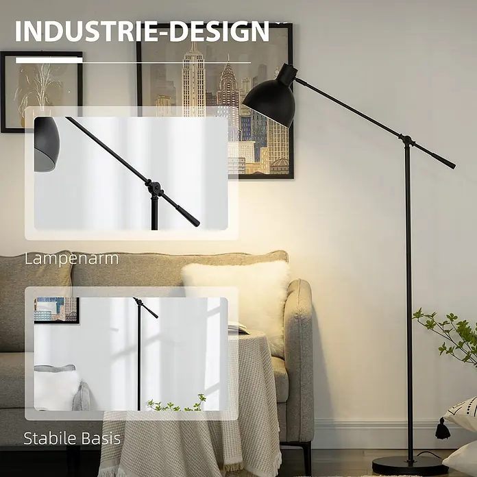 Homcom Stehleuchte - 40 W, Schwarz, Schwarz, E27 - Schwarze Stehlampe im Industriedesign mit verstellbarem Arm und stabilem Sockel, beleuchtet ein Wohnzimmer.