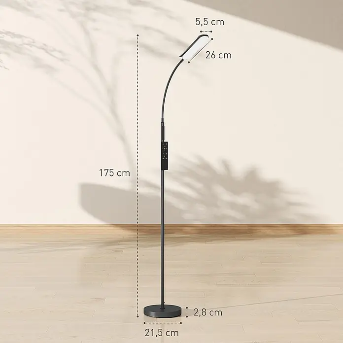 Homcom Stehleuchte - 18 W, Höhe: 175 cm, Schwarz, Schwarz, E10 - Schwarze, 175 cm hohe Stehlampe mit rechteckigem Leuchtenkopf und rundem Fuß, Maße angezeigt.