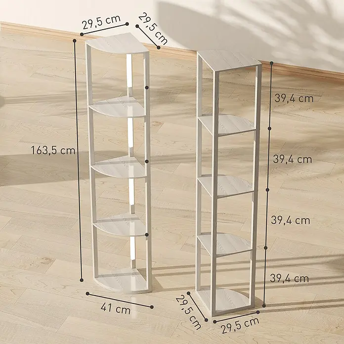 Homcom Stehleuchte - 24 W, Natur, Natur - Zwei hohe, helle Eckregale in Holzoptik mit mehreren Ablagen; Maße und Regalhöhen sind angegeben.