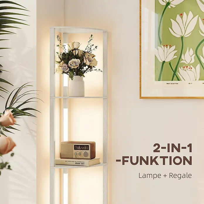 Homcom Stehleuchte - 24 W, Natur, Natur - Helles Holz Eckregal mit integrierter Beleuchtung, dient als Lampe und Ablageregal für Dekoration.