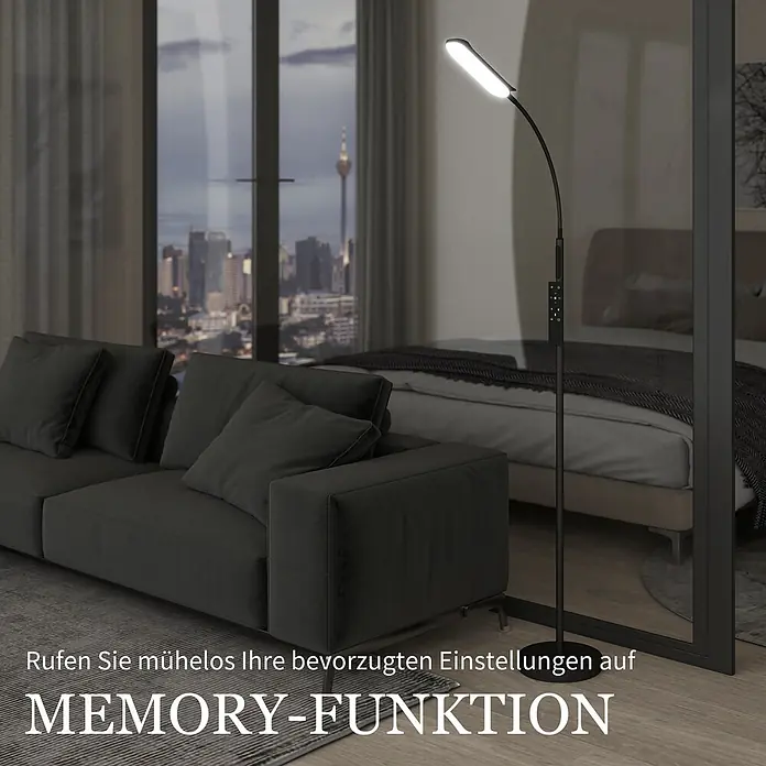 Homcom Stehleuchte - 18 W, Höhe: 175 cm, Schwarz, Schwarz, E10 - Schwarze flexible LED-Stehleuchte mit Bedienfeld, die einen modernen Raum mit Stadtblick beleuchtet.