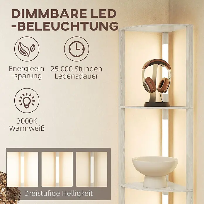 Homcom Stehleuchte - 24 W, Natur, Natur - Eckregal mit integrierter, dimmbarer warmweißer LED-Beleuchtung, hervorhebend Energieeffizienz und 3 Helligkeitsstufen.