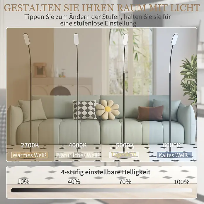 Homcom Stehleuchte - 18 W, Höhe: 175 cm, Schwarz, Schwarz, E10 - Stehlampe, die 4 einstellbare Lichtfarben (Warmweiß bis Kaltweiß) und 4 Helligkeitsstufen in einem Wohnzimmer demonstriert.