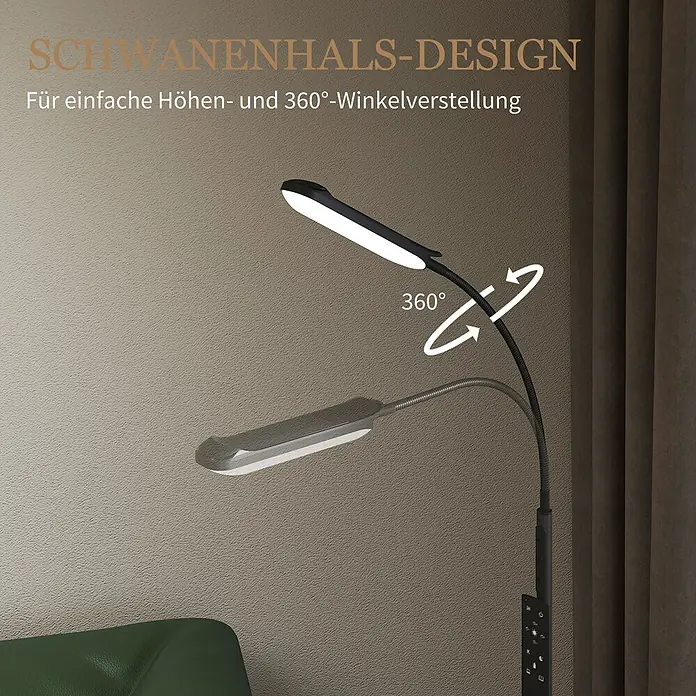 Homcom Stehleuchte - 18 W, Höhe: 175 cm, Schwarz, Schwarz, E10 - Schwarze Schwanenhals-Stehlampe zeigt einfache 360°-Höhen- und Winkeleinstellung in einem Raum.