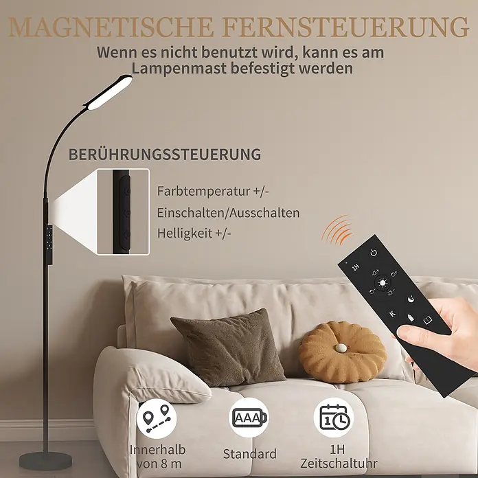 Homcom Stehleuchte - 18 W, Höhe: 175 cm, Schwarz, Schwarz, E10 - Schwarze, gebogene Stehleuchte mit magnetischer Fernbedienung und Touch-Steuerung, bietet Helligkeits-, Farbtemperaturanpassung und 1-Stunden-Timer.