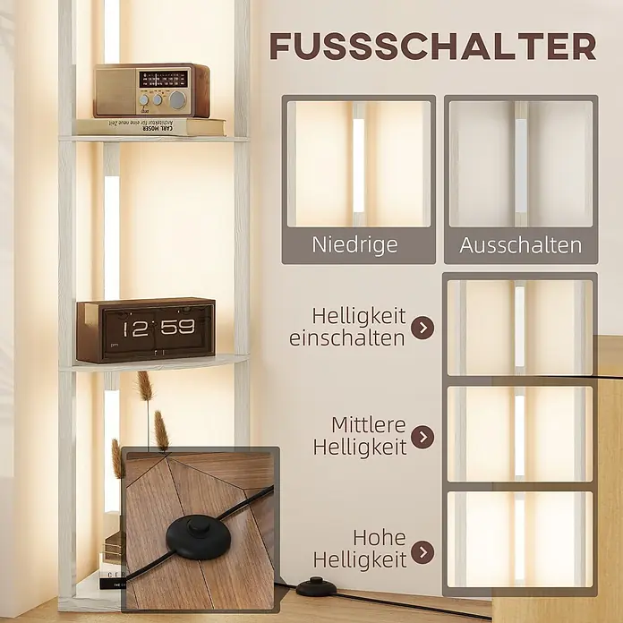Homcom Stehleuchte - 24 W, Natur, Natur - Hölzerne Bücherregal-Stehlampe mit integrierter LED-Beleuchtung und Fußschalter zur Steuerung von Helligkeit und Ausschalten.