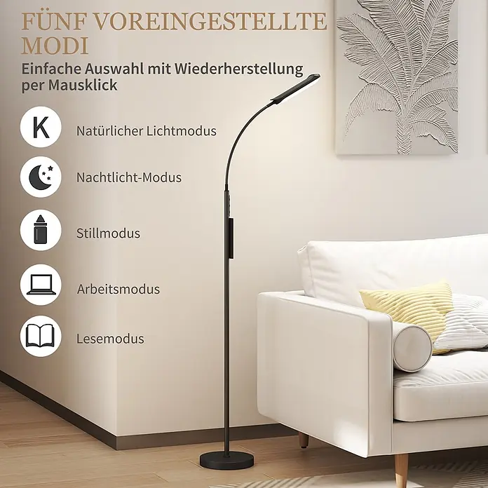 Homcom Stehleuchte - 18 W, Höhe: 175 cm, Schwarz, Schwarz, E10 - Schwarze Stehlampe mit fünf voreingestellten Lichtmodi, neben einem weißen Sofa im Wohnzimmer.