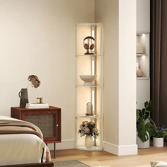Homcom Stehleuchte - 24 W, Natur, Natur - Hohes, helles Eckregal mit LED-Beleuchtung und mehreren Böden für Dekoartikel im Schlafzimmer.