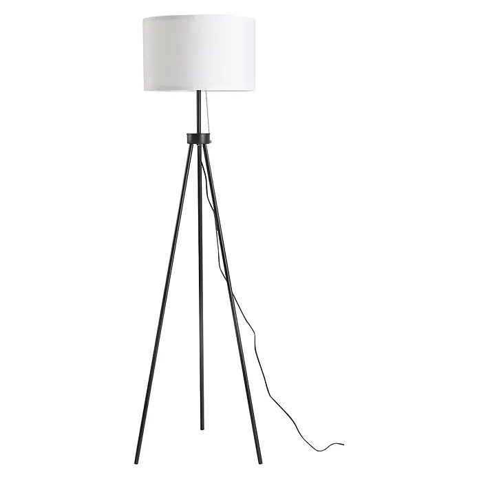 Homcom Stehleuchte - 40 W, Höhe: 152 cm, Schwarz, Weiß, E27 - Schwarze Stativ-Stehlampe mit weißem Trommelschirm und sichtbarem Stromkabel.