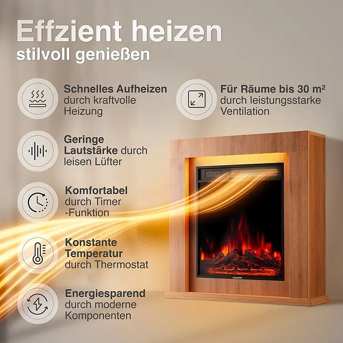 Elektrischer Kamin KAMINIO Matti 32 - 21,5 x 81 x 80 cm, Eiche - Elektrischer Kamin in Holzrahmen mit realistischen Flammen. Text hebt effizientes, leises und komfortables Heizen für Räume bis 30m² hervor.