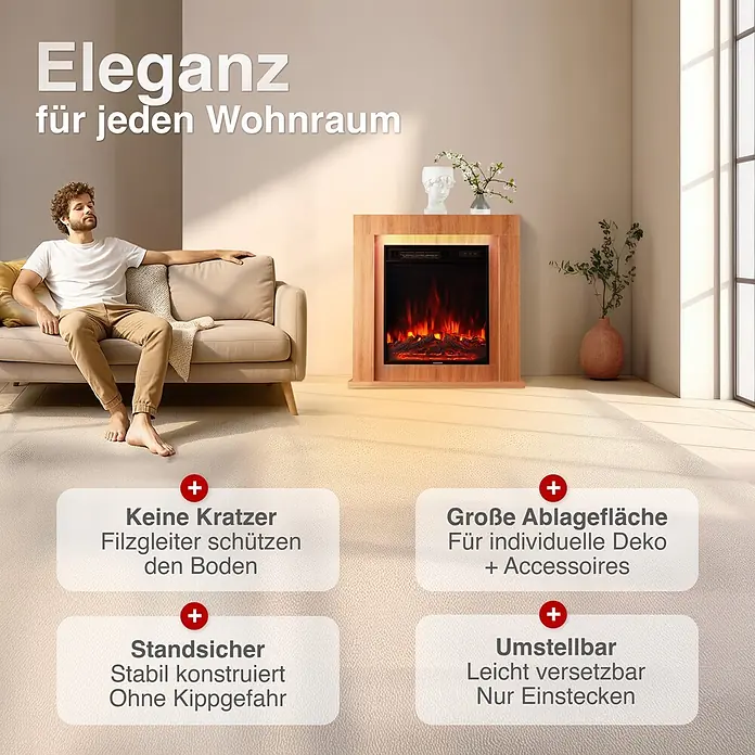 Elektrischer Kamin KAMINIO Matti 32 - 21,5 x 81 x 80 cm, Eiche - Elektrischer Kamin mit hellem Holzrahmen und realistischen Flammen, elegant in einem modernen Wohnzimmer platziert.