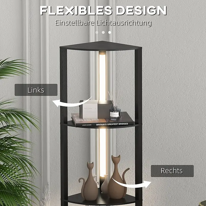 Homcom Stehleuchte - 24 W, Höhe: 163,5 cm, Schwarz, Schwarz, E27 - Schwarz gebeizte Eckregal-Stehlampe mit integrierter, verstellbarer LED-Beleuchtung.