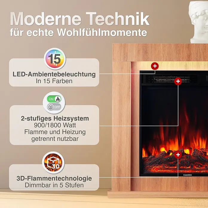 Elektrischer Kamin KAMINIO Matti 32 - 21,5 x 81 x 80 cm, Eiche - Elektrischer Kamin mit Holzrahmen, 15-farbiger LED-Beleuchtung, 2-stufiger Heizung und dimmbarer 3D-Flamme.