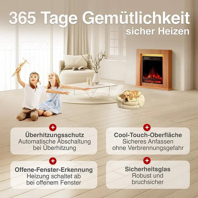 Elektrischer Kamin KAMINIO Matti 32 - 21,5 x 81 x 80 cm, Eiche - Elektrischer Kamin in gemütlichem Wohnzimmer mit spielenden Kindern und schlafendem Hund. Betont Sicherheitsfunktionen.