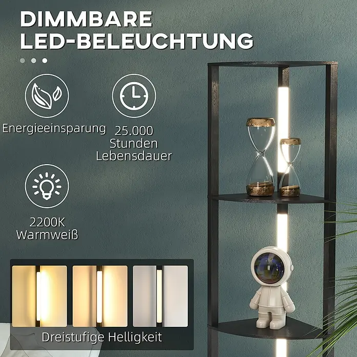 Homcom Stehleuchte - 24 W, Höhe: 163,5 cm, Schwarz, Schwarz, E27 - Eckregal mit integrierter dimmbarer LED-Beleuchtung, zeigt warmweißes Licht und drei Helligkeitsstufen. Energiesparend und langlebig.