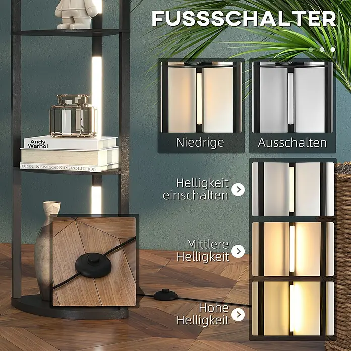 Homcom Stehleuchte - 24 W, Höhe: 163,5 cm, Schwarz, Schwarz, E27 - Fussschalter für Eckregal-Stehlampe mit einstellbarer Helligkeit.