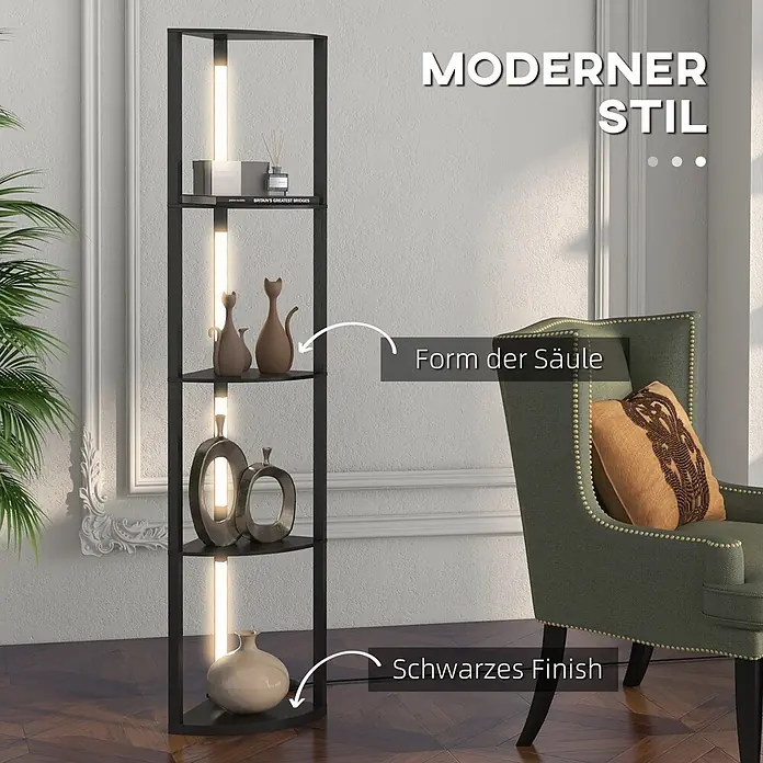 Homcom Stehleuchte - 24 W, Höhe: 163,5 cm, Schwarz, Schwarz, E27 - Hohes, schwarzes, modernes Displayregal mit integrierter Beleuchtung, das Dekoartikel präsentiert.
