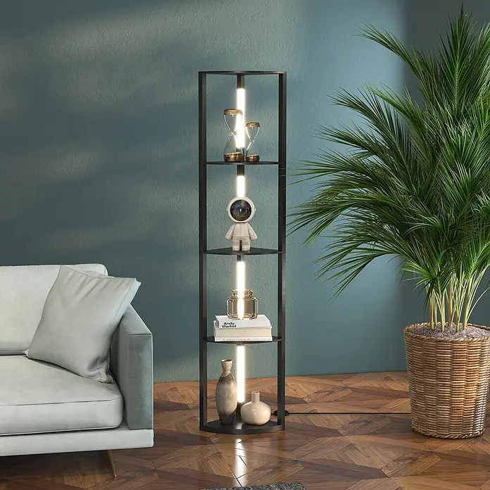Homcom Stehleuchte - 24 W, Höhe: 163,5 cm, Schwarz, Schwarz, E27 - Hohes schwarzes Metallregal mit integrierter LED-Beleuchtung und mehreren Ablageflächen zur Präsentation.