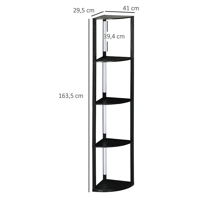 Homcom Stehleuchte - 24 W, Höhe: 163,5 cm, Schwarz, Schwarz, E27 - Hohes schwarzes Eckregal mit vier Ablagen und vertikaler LED-Beleuchtung, 163,5 cm hoch.