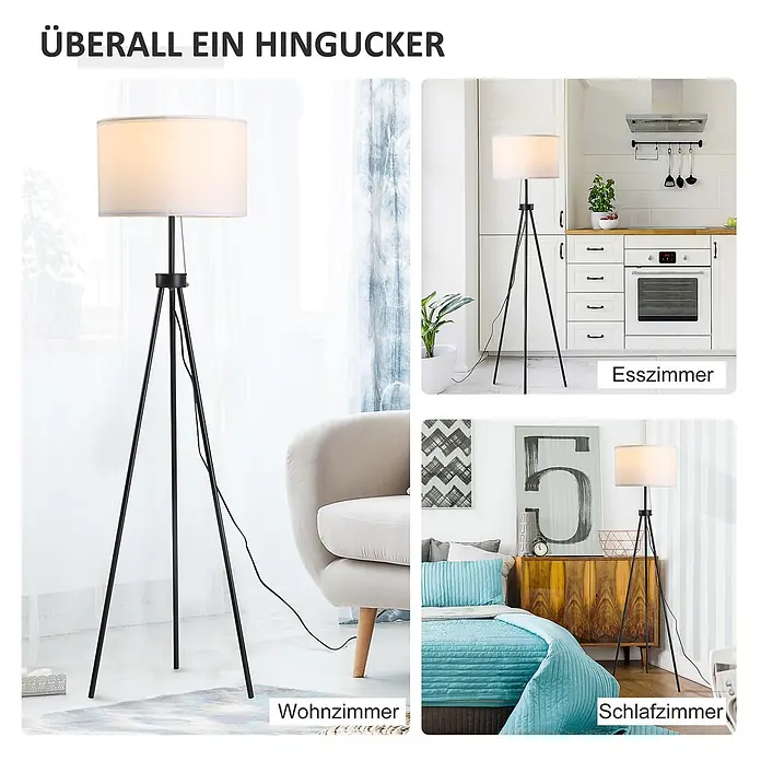 Homcom Stehleuchte - 40 W, Höhe: 152 cm, Schwarz, Weiß, E27 - Schwarze Stehleuchte mit Tripod-Gestell und weißem Schirm, vielseitig eingesetzt in Wohn-, Ess- und Schlafzimmern.