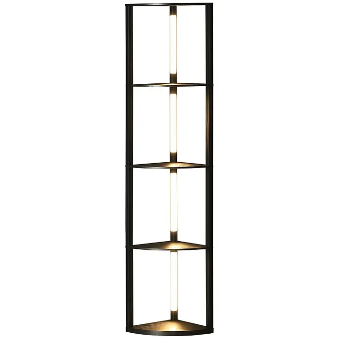 Homcom Stehleuchte - 24 W, Höhe: 163,5 cm, Schwarz, Schwarz, E27 - Schwarze Eck-Stehleuchte mit vier Ablagen und integrierten vertikalen LED-Leuchten.