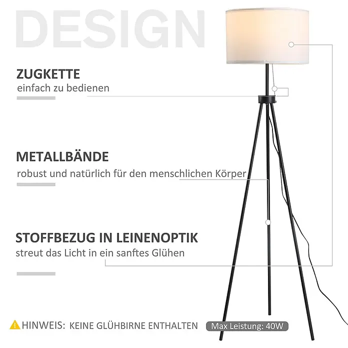 Homcom Stehleuchte - 40 W, Höhe: 152 cm, Schwarz, Weiß, E27 - Schwarze Tripod-Stehlampe mit weißem Stoffschirm und Zugkette. Max. 40W, Leuchtmittel nicht enthalten.