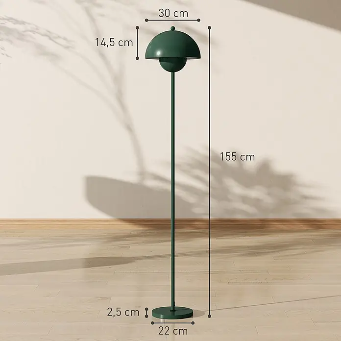 Homcom Stehleuchte - 40 W, Höhe: 155 cm, Grün, Grün, E27 - Dunkelgrüne Stehlampe mit glockenförmigem Schirm, 155 cm hoch, in einem Raumambiente.