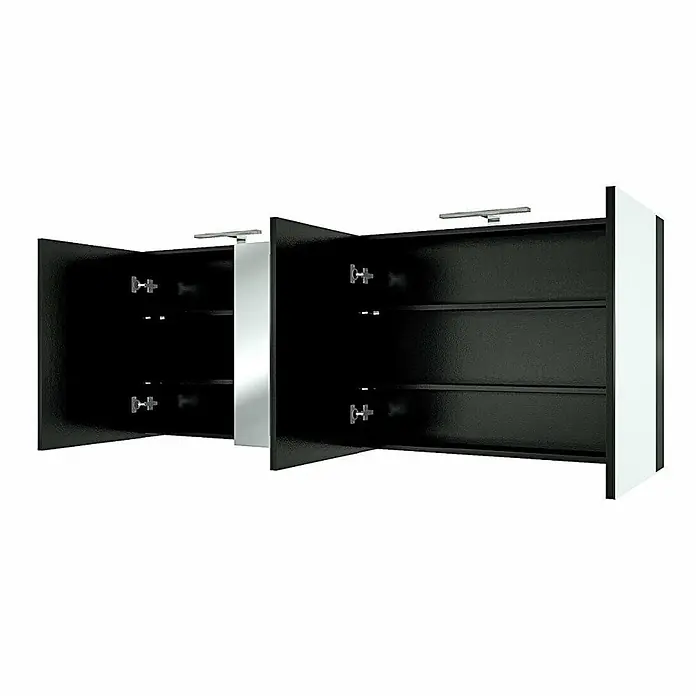 AcquaVapore Spiegelschrank Fertigdusche City-SPS-B200-F07 - B x H: 16 x 75 cm - Weißer Wandschrank mit zwei offenen Türen, schwarzem Innenraum, Regalböden und silbernen Griffen.