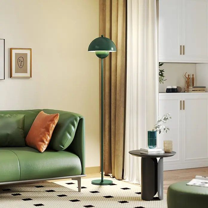 Homcom Stehleuchte - 40 W, Höhe: 155 cm, Grün, Grün, E27 - Grüne Stehleuchte in Kuppelform, die ein modernes Wohnzimmer beleuchtet.