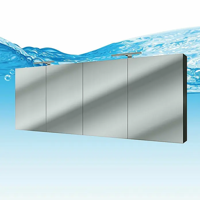 AcquaVapore Spiegelschrank Fertigdusche City-SPS-B200-F07 - B x H: 16 x 75 cm - Viertüriger Spiegelschrank mit zwei integrierten Leuchten, vor blauem Wasserhintergrund.