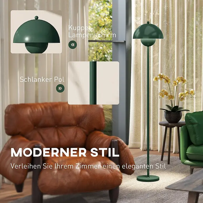 Homcom Stehleuchte - 40 W, Höhe: 155 cm, Grün, Grün, E27 - Moderne grüne Metall-Stehleuchte mit Kuppelschirm im Wohnzimmer. Details zeigen Schirm und schlanken Pol.