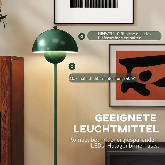 Homcom Stehleuchte - 40 W, Höhe: 155 cm, Grün, Grün, E27 - Grüne Stehleuchte mit kuppelförmigem Schirm, leuchtend in einem Raum.