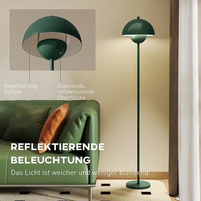 Homcom Stehleuchte - 40 W, Höhe: 155 cm, Grün, Grün, E27 - Grüne Stehlampe mit Kuppelschirm, die sanftes, reflektierendes Licht in einem modernen Wohnzimmer spendet.