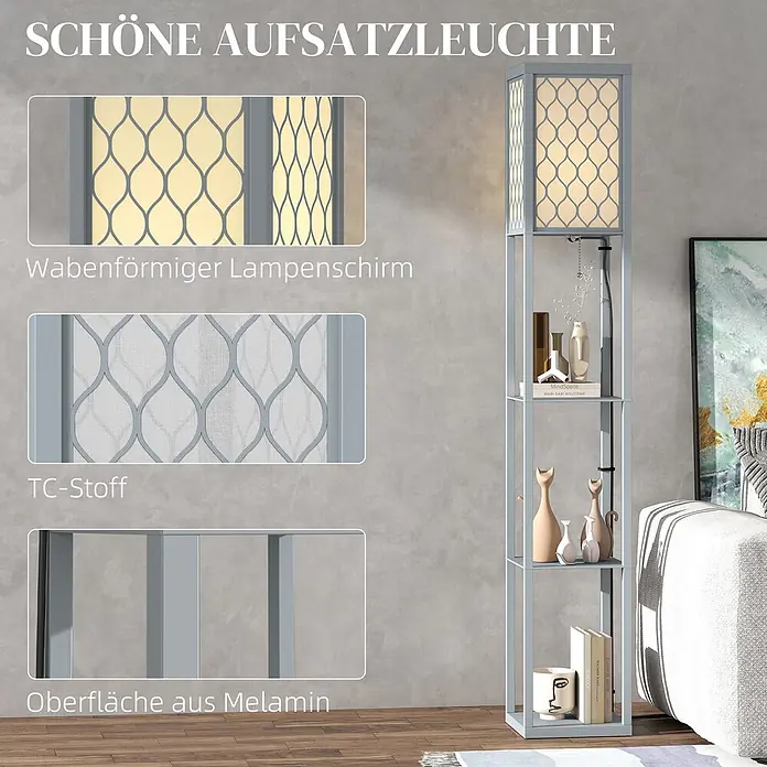 Homcom Stehleuchte - 40 W, Hellgrau, Weiß, Hellgrau, Weiß - Graue Melamin Stehlampe mit integrierten Regalen und gemustertem TC-Stoffschirm für Licht und Aufbewahrung.