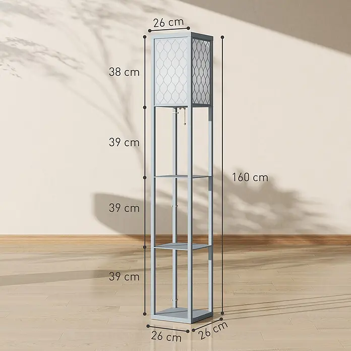Homcom Stehleuchte - 40 W, Hellgrau, Weiß, Hellgrau, Weiß - Hellgraue Stehleuchte (160x26x26 cm) mit dekorativem Leuchtenteil oben und drei Ablagefächern.