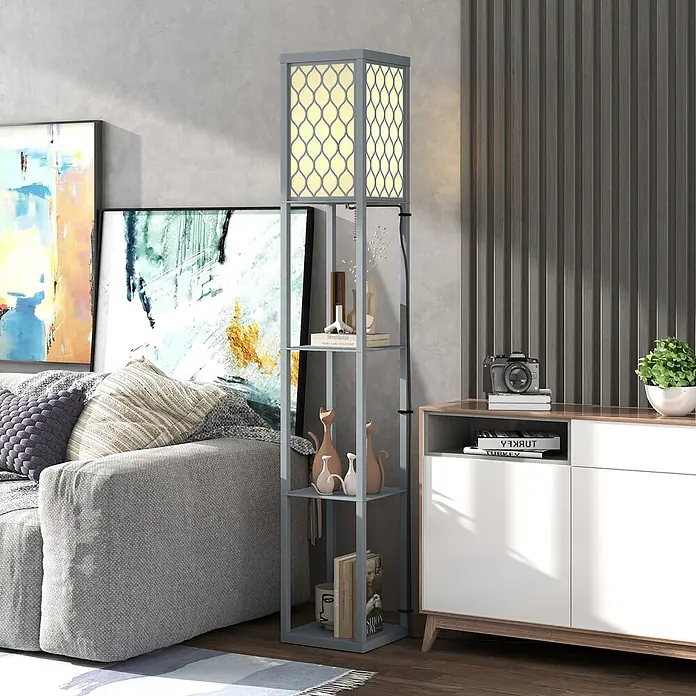 Homcom Stehleuchte - 40 W, Hellgrau, Weiß, Hellgrau, Weiß - Graue Metall-Stehlampe mit Regalen und gemustertem Lichtschirm, neben einem Sofa, spendet Licht und Stauraum.