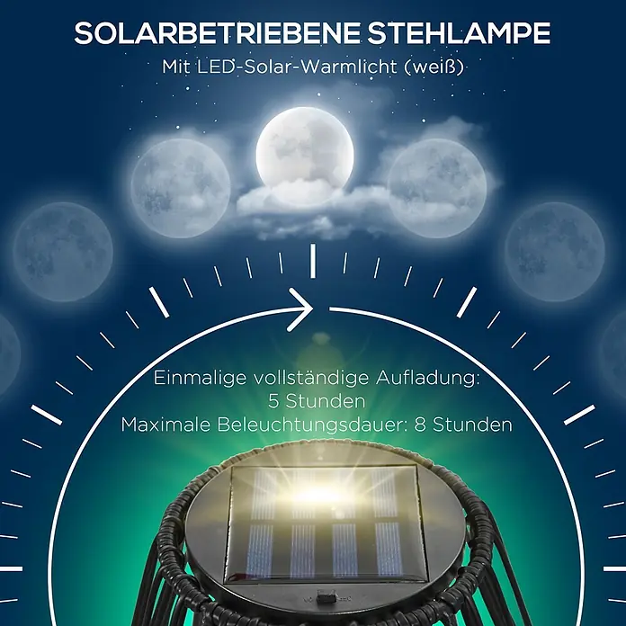 Outsunny Campinglampe - 34 x 34 x 56 cm - Solarbetriebene LED-Stehlampe mit beleuchtetem Solarmodul, das warmweißes Licht abgibt. Leuchtet bis zu 8 Stunden.