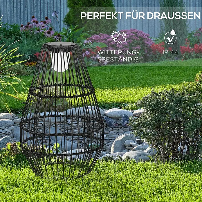 Outsunny Campinglampe - 34 x 34 x 56 cm - Schwarze Solar-Gartenleuchte aus Drahtgeflecht mit Glühbirne, dekorativ platziert.