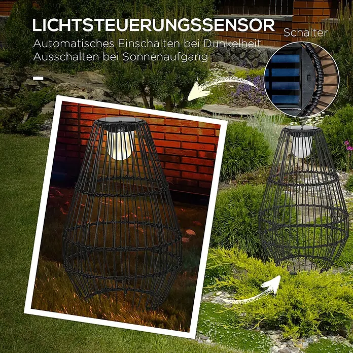 Outsunny Campinglampe - 34 x 34 x 56 cm - Eine schwarze, käfigartige Solar-Gartenlaterne mit automatischem Lichtsensor, beleuchtet in einer Gartenumgebung, mit Detailansicht des Solarpanels und Schalters.