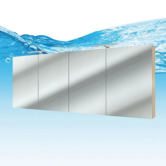 AcquaVapore Spiegelschrank Fertigdusche City-SPS-B200-F09-2xLED-EBox - B x H: 16 x 75 cm - Moderner Spiegelschrank mit vier Türen und integrierter Beleuchtung, vor blauem Wasserhintergrund.