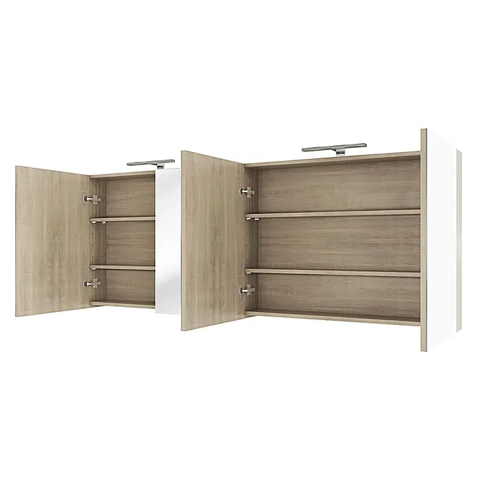 AcquaVapore Spiegelschrank Fertigdusche City-SPS-B200-F09-2xLED-EBox - B x H: 16 x 75 cm - Offener Badezimmerschrank aus hellem Holz mit zwei Türen, Einlegeböden und zwei Leuchten, mit weißen Seitenpaneelen.