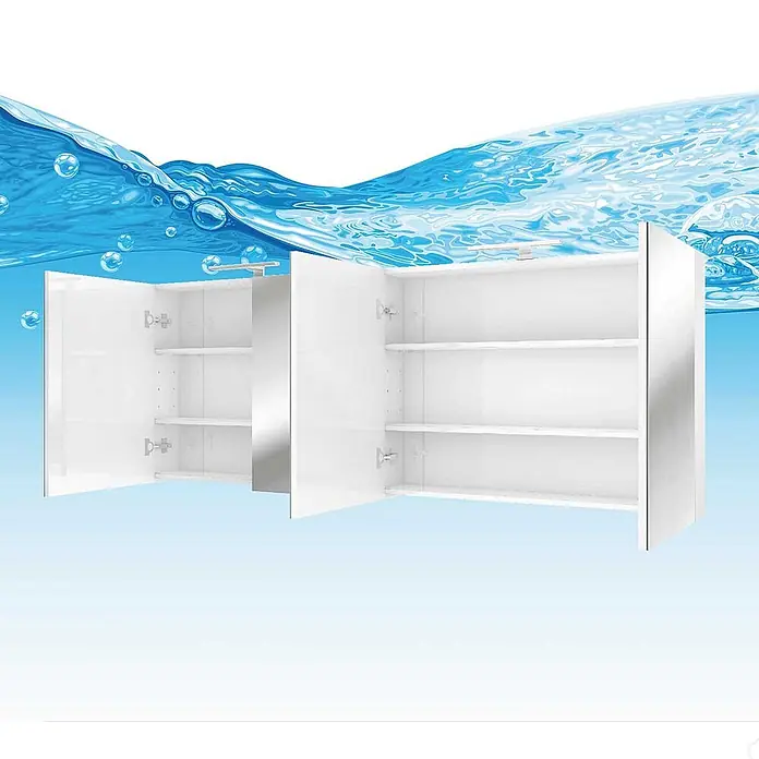 AcquaVapore Spiegelschrank Fertigdusche City-SPS-B200-F01-LED-EBox -  - Zwei weiße Bad-Wandschränke mit offenen Türen und Regalböden vor einem blauen Wasserwellenhintergrund.