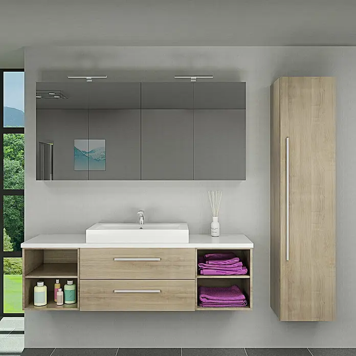 AcquaVapore Spiegelschrank Fertigdusche City-SPS-B160-F09-2xLED-EBox - B x H: 16 x 75 cm - Moderne Badmöbelkombination mit weißem Waschbecken, hellen Holzschubladen, offenen Regalen und passendem Hochschrank. Grauer Spiegelschrank inklusive.