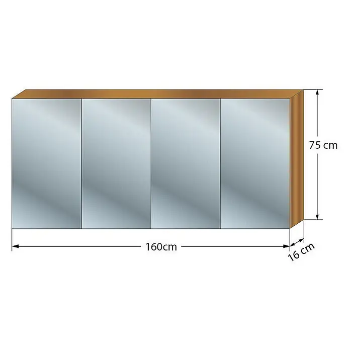 AcquaVapore Spiegelschrank Fertigdusche City-SPS-B160-F09-2xLED-EBox - B x H: 16 x 75 cm - Viertüriger Wandschrank mit Spiegeltüren und braunem Holzrahmen, 160x75x16 cm.