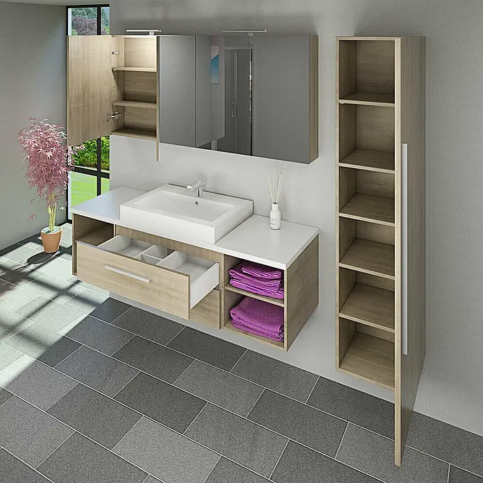 AcquaVapore Spiegelschrank Fertigdusche City-SPS-B160-F09-2xLED-EBox - B x H: 16 x 75 cm - Modernes Badmöbel-Set aus hellem Holz und Weiß mit Waschbecken, Spiegel und Hochschrank.