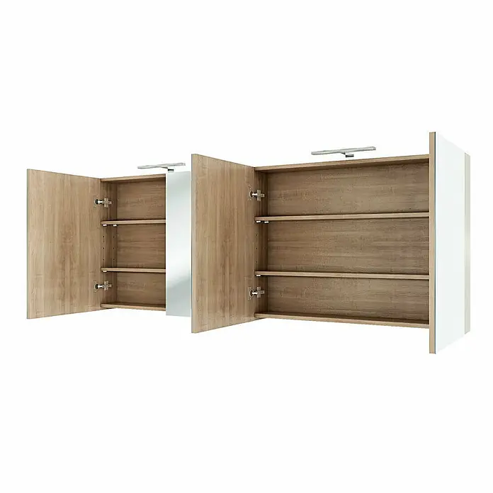 AcquaVapore Spiegelschrank Fertigdusche City-SPS-B160-F09-2xLED-EBox - B x H: 16 x 75 cm - Offener Doppel-Wandschrank aus hellem Holz und Weiß mit Spiegeltür und Einlegeböden.