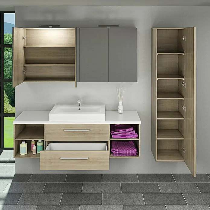 AcquaVapore Spiegelschrank Fertigdusche City-SPS-B160-F09-2xLED-EBox - B x H: 16 x 75 cm - Badezimmermöbelset aus hellem Holz und Grau mit Waschbecken, Wandschränken und hohem Stauraum.