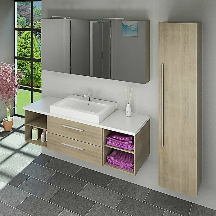 AcquaVapore Spiegelschrank Fertigdusche City-SPS-B160-F09-2xLED-EBox - B x H: 16 x 75 cm - Modernes Badezimmermöbel-Set mit hellem Holzwaschtisch, weißem Waschbecken, Spiegelschrank und hohem Schrank für viel Stauraum.